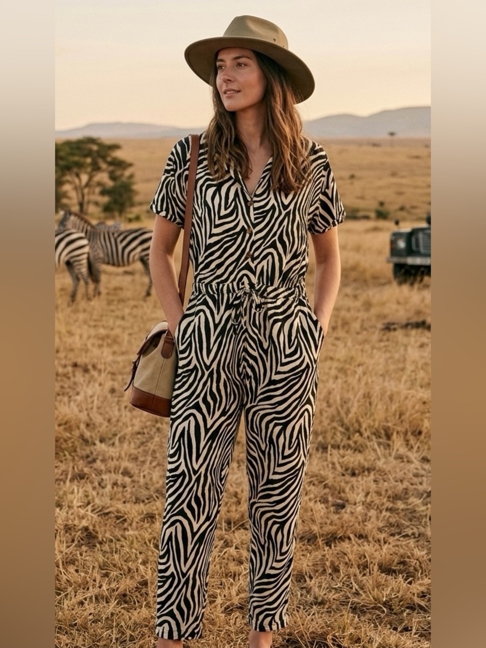 Oui - Zebra-Print Short Sleeve Jumpsuit - Black & White